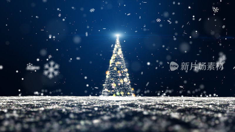 闪烁着蓝色粒子的圣诞树彩灯。4096 x2304 px